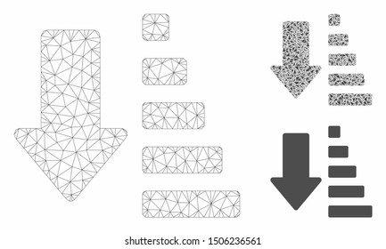 Mesh sort down arrow model with triangle mosaic icon. Wire frame polygonal mesh of sort down arrow. Vector mosaic of triangle parts in various sizes, and color tinges.