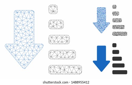 Mesh sort down model with triangle mosaic icon. Wire frame triangular mesh of sort down. Vector mosaic of triangles in variable sizes, and color shades. Abstract 2d mesh sort down,