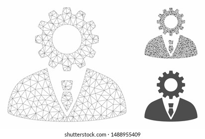 Mesh soulless official bureaucrat model with triangle mosaic icon. Wire carcass triangular mesh of soulless official bureaucrat. Vector composition of triangle elements in various sizes,