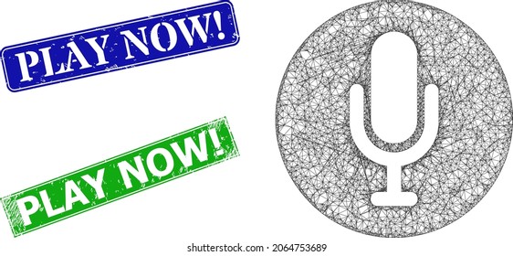 Mesh sound image, and Play Now warn blue and green rectangle unclean seal imitations. Mesh carcass image created from sound pictogram. Stamp seals include Play Now warn text inside rectangular shape.