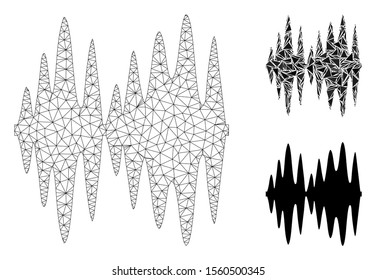 Mesh sound signal model with triangle mosaic icon. Wire carcass triangular mesh of sound signal. Vector mosaic of triangle parts in different sizes, and color hues. Abstract 2d mesh sound signal,
