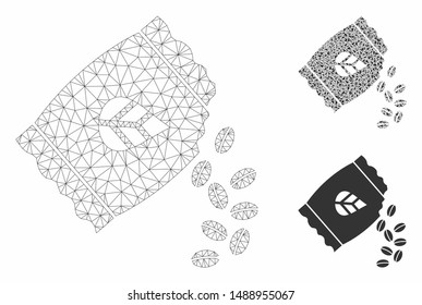 Mesh sow seed pack model with triangle mosaic icon. Wire frame triangular network of sow seed pack. Vector mosaic of triangles in variable sizes, and color tints. Abstract flat mesh sow seed pack,