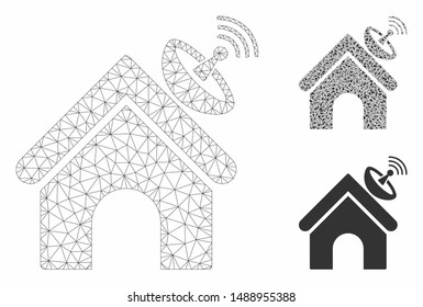 Mesh space antenna building model with triangle mosaic icon. Wire frame triangular mesh of space antenna building. Vector mosaic of triangle parts in different sizes, and color hues.