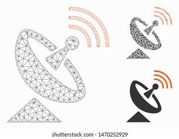 Mesh space antenna model with triangle mosaic icon. Wire frame polygonal mesh of space antenna. Vector mosaic of triangle parts in different sizes, and color hues. Abstract 2d mesh space antenna,