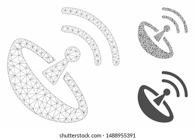 Mesh space antenna model with triangle mosaic icon. Wire carcass triangular network of space antenna. Vector collage of triangle parts in various sizes, and color shades.