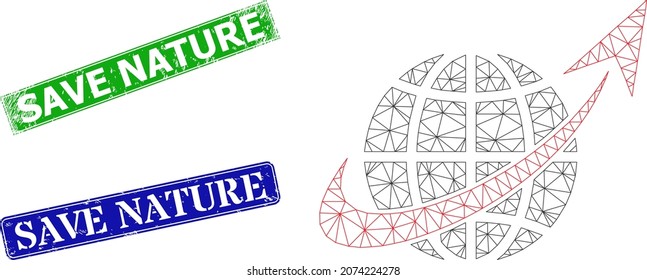 Mesh space orbit image, and Save Nature blue and green rectangular corroded stamps. Mesh carcass image is based on space orbit pictogram. Stamps contain Save Nature caption inside rectangular form.