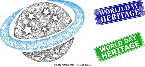 Mesh space planet model, and World Day Heritage blue and green rectangle scratched stamps. Mesh wireframe image designed with space planet pictogram.