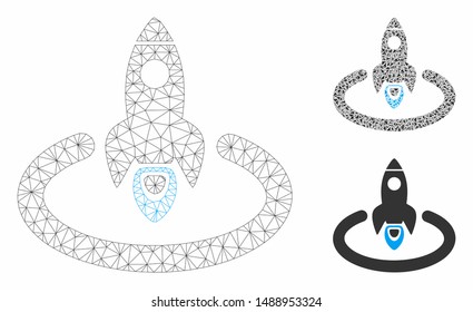 Mesh space rocket launch area model with triangle mosaic icon. Wire carcass triangular network of space rocket launch area. Vector mosaic of triangle parts in variable sizes, and color shades.