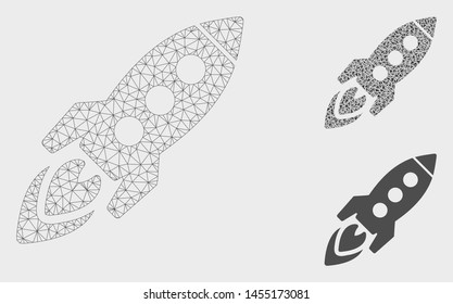 Mesh space rocket model with triangle mosaic icon. Wire carcass triangular mesh of space rocket. Vector composition of triangle elements in different sizes, and color hues.