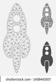 Mesh space rocket model with triangle mosaic icon. Wire carcass triangular network of space rocket. Vector mosaic of triangle parts in various sizes, and color shades. Abstract flat mesh space rocket,