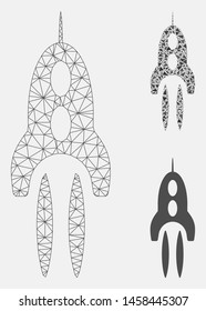 Mesh space rocket model with triangle mosaic icon. Wire carcass triangular mesh of space rocket. Vector composition of triangle parts in variable sizes, and color hues.