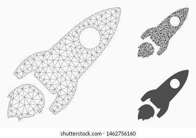 Mesh space rocket model with triangle mosaic icon. Wire carcass polygonal mesh of space rocket. Vector mosaic of triangle parts in different sizes, and color shades. Abstract flat mesh space rocket,
