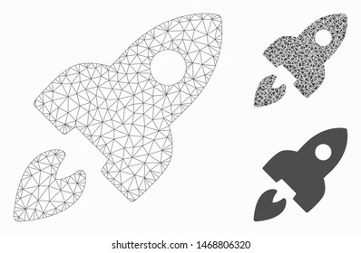 Mesh space rocket model with triangle mosaic icon. Wire frame triangular mesh of space rocket. Vector mosaic of triangle elements in variable sizes, and color shades. Abstract 2d mesh space rocket,