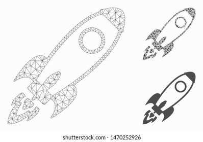 Mesh space rocket model with triangle mosaic icon. Wire carcass polygonal mesh of space rocket. Vector mosaic of triangle elements in various sizes, and color tones. Abstract flat mesh space rocket,