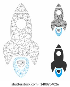 Mesh space rocket model with triangle mosaic icon. Wire carcass triangular mesh of space rocket. Vector mosaic of triangle parts in different sizes, and color tones. Abstract 2d mesh space rocket,