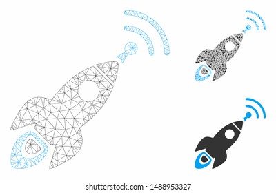 Mesh space rocket radio translation model with triangle mosaic icon. Wire carcass triangular mesh of space rocket radio translation. Vector mosaic of triangle elements in different sizes,