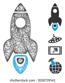 Ilustración vectorial del icono de la web del cohete espacial de malla. El modelo de canal se basa en un icono plano de cohete espacial. La malla forma la carcasa plana del cohete espacial abstracto.