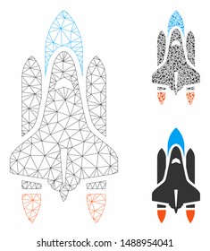 Mesh space shuttle model with triangle mosaic icon. Wire carcass polygonal mesh of space shuttle. Vector collage of triangle elements in various sizes, and color hues.