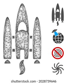 Ilustración vectorial del icono web del transbordador de espacio en malla. El modelo se basa en el icono plano del transbordador espacial. Mesh forma un modelo plano de lanzadera espacial abstracta. Red de línea plana con marco de cable aislada en un fondo blanco.