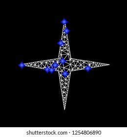 Mesh space star icon and blue diamonds. White space star model on a black background. Abstract polygonal mesh structure.