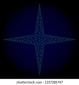 Mesh space star polygonal illustration. Abstract mesh lines, triangles and points on dark background with space star. Wire frame 2D polygonal line network in vector format on a dark blue background.