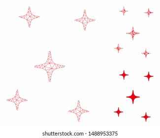 Mesh space stars model with triangle mosaic icon. Wire carcass triangular mesh of space stars. Vector collage of triangle parts in different sizes, and color shades. Abstract 2d mesh space stars,