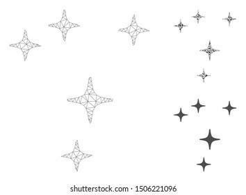 Mesh space stars model with triangle mosaic icon. Wire frame polygonal mesh of space stars. Vector composition of triangle elements in different sizes, and color tinges.