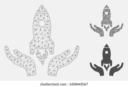 Mesh space startup support hands model with triangle mosaic icon. Wire carcass triangular mesh of space startup support hands. Vector mosaic of triangle elements in variable sizes, and color tones.