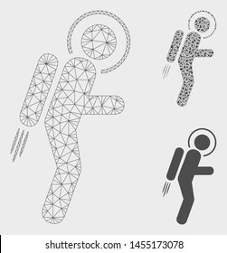 Mesh spaceman jet suit model with triangle mosaic icon. Wire frame polygonal network of spaceman jet suit. Vector mosaic of triangle parts in variable sizes, and color tints.