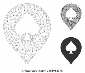 Mesh spade casino marker model with triangle mosaic icon. Wire carcass triangular mesh of spade casino marker. Vector mosaic of triangle parts in various sizes, and color shades.