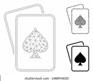 Mesh spade gambling cards model with triangle mosaic icon. Wire frame triangular mesh of spade gambling cards. Vector mosaic of triangle parts in variable sizes, and color shades.