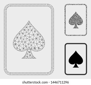 Mesh spades gambling card model with triangle mosaic icon. Wire frame triangular mesh of spades gambling card. Vector collage of triangle elements in different sizes, and color tinges.