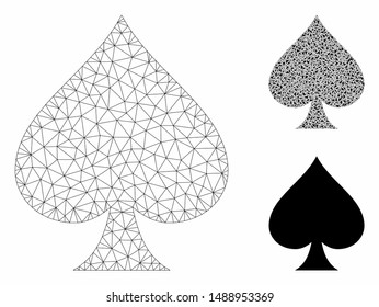 Mesh spades suit model with triangle mosaic icon. Wire frame triangular mesh of spades suit. Vector mosaic of triangle elements in different sizes, and color shades. Abstract 2d mesh spades suit,