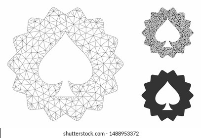 Mesh spades token model with triangle mosaic icon. Wire frame polygonal mesh of spades token. Vector collage of triangle elements in variable sizes, and color tones. Abstract 2d mesh spades token,