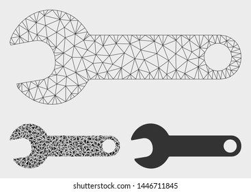 Mesh spanner model with triangle mosaic icon. Wire carcass triangular mesh of spanner. Vector composition of triangle elements in various sizes, and color tones. Abstract 2d mesh spanner,