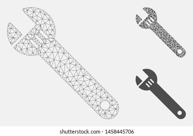 Mesh spanner model with triangle mosaic icon. Wire frame polygonal mesh of spanner. Vector mosaic of triangle parts in variable sizes, and color tints. Abstract flat mesh spanner,