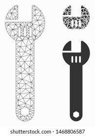 Mesh spanner model with triangle mosaic icon. Wire frame triangular mesh of spanner. Vector mosaic of triangle elements in different sizes, and color tinges. Abstract 2d mesh spanner,