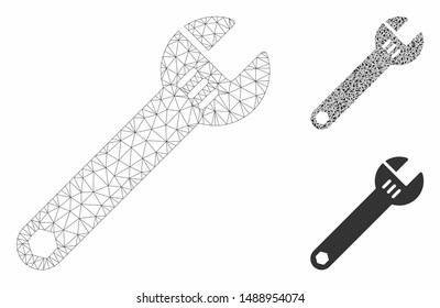 Mesh spanner model with triangle mosaic icon. Wire carcass triangular mesh of spanner. Vector mosaic of triangles in variable sizes, and color tinges. Abstract flat mesh spanner,
