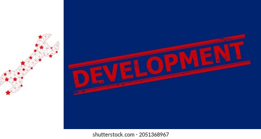 Mesh spanner polygonal icon vector illustration, and red DEVELOPMENT corroded watermark. Carcass model is created from spanner flat icon, with stars and triangular mesh.