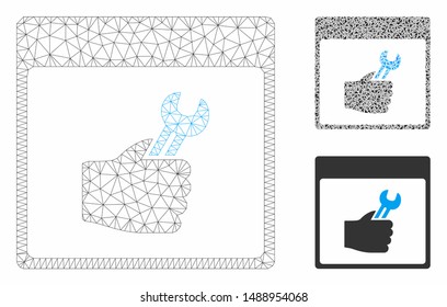 Mesh spanner service hand calendar page model with triangle mosaic icon. Wire frame polygonal mesh of spanner service hand calendar page. Vector composition of triangles in various sizes,