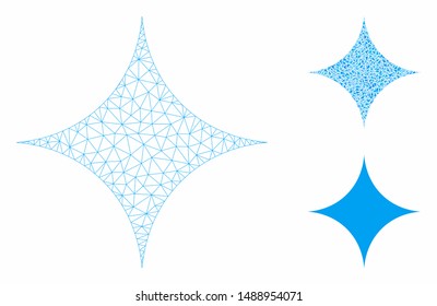 Mesh sparcle star model with triangle mosaic icon. Wire frame polygonal network of sparcle star. Vector mosaic of triangle parts in different sizes, and color tones. Abstract flat mesh sparcle star,