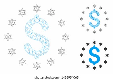 Mesh sparkle dollar model with triangle mosaic icon. Wire frame polygonal mesh of sparkle dollar. Vector composition of triangle parts in various sizes, and color hues.