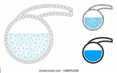 Mesh special retort model with triangle mosaic icon. Wire carcass triangular mesh of special retort. Vector collage of triangle parts in variable sizes, and color tinges.