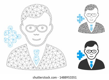 Mesh specialist model with triangle mosaic icon. Wire frame triangular mesh of specialist. Vector mosaic of triangles in different sizes, and color tints. Abstract 2d mesh specialist,