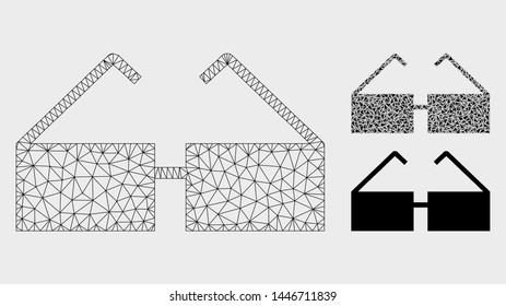 Mesh spectacles model with triangle mosaic icon. Wire frame triangular mesh of spectacles. Vector composition of triangle parts in different sizes, and color tinges. Abstract 2d mesh spectacles,