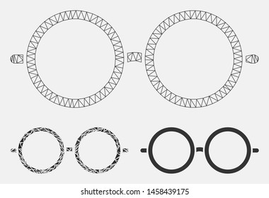 Mesh spectacles model with triangle mosaic icon. Wire frame triangular mesh of spectacles. Vector mosaic of triangle parts in various sizes, and color hues. Abstract flat mesh spectacles,
