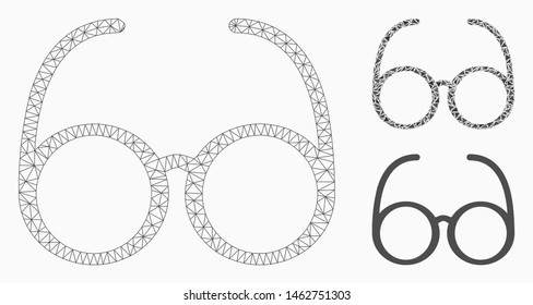 Mesh spectacles model with triangle mosaic icon. Wire carcass polygonal network of spectacles. Vector mosaic of triangle elements in different sizes, and color shades. Abstract 2d mesh spectacles,