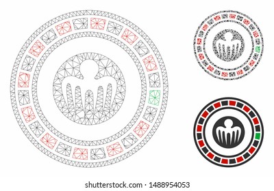 Mesh spectre casino model with triangle mosaic icon. Wire carcass triangular mesh of spectre casino. Vector mosaic of triangle elements in variable sizes, and color shades.