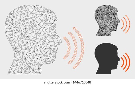 Mesh speech model with triangle mosaic icon. Wire carcass polygonal mesh of speech. Vector composition of triangle parts in different sizes, and color tinges. Abstract flat mesh speech,