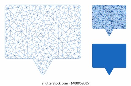 Mesh speech model with triangle mosaic icon. Wire carcass triangular mesh of speech. Vector collage of triangle elements in various sizes, and color tints. Abstract flat mesh speech,